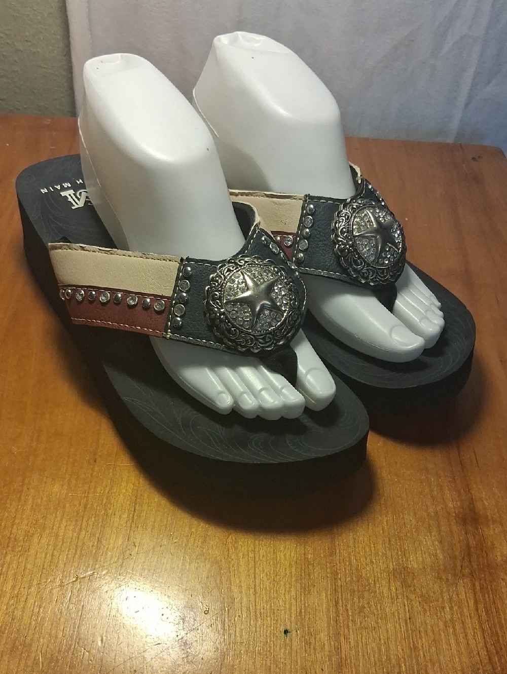 South Main Embellished Star Concho Black, Cream & Brown Women’s Wedge Flip Flops